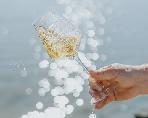 Hand holding a glass of white wine with a blurred background